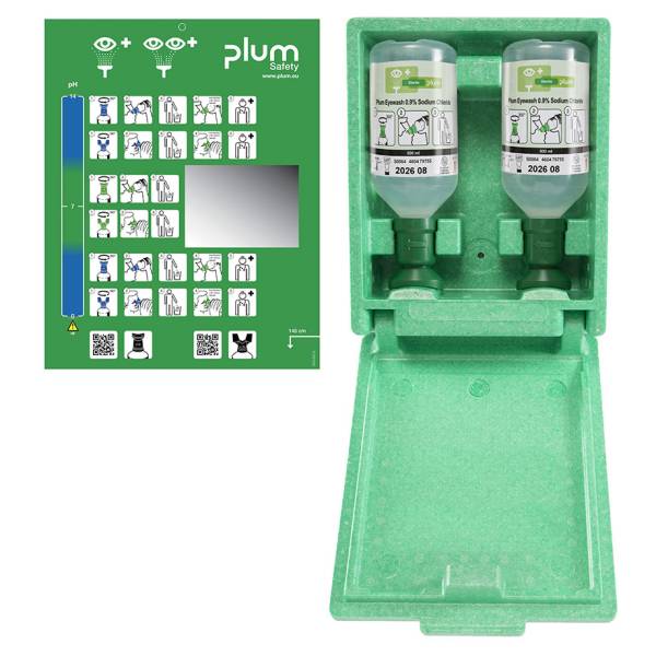 Plum Augenspülstation Green Box mit 2 Flaschen, in Wandbox mit separater Piktogrammtafel mit Spiegel