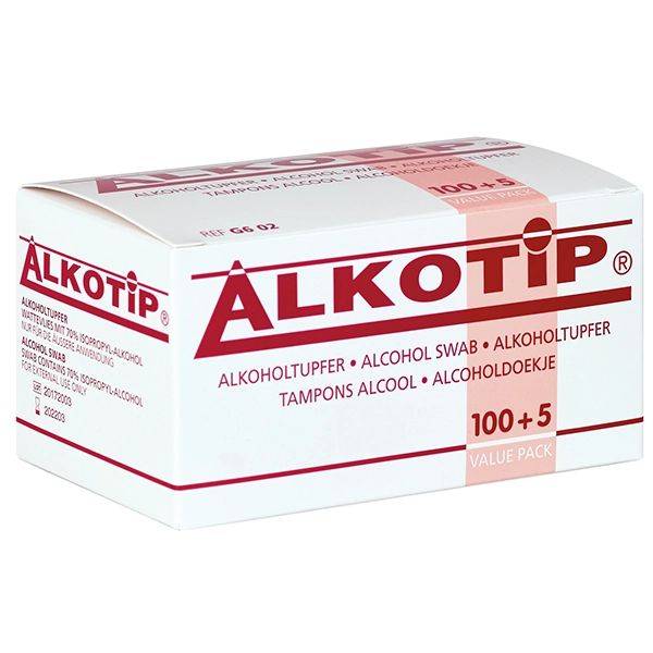 ALKOTIP Alkoholtupfer 100 + 5 Stk., 30 x 65 mm Kurzes MHD: 21-01-2025