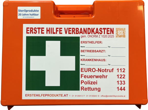 Erste Hilfe Koffer mit 20 Jahre haltbaren Sterilprodukten* ÖNORM Z1020:2025