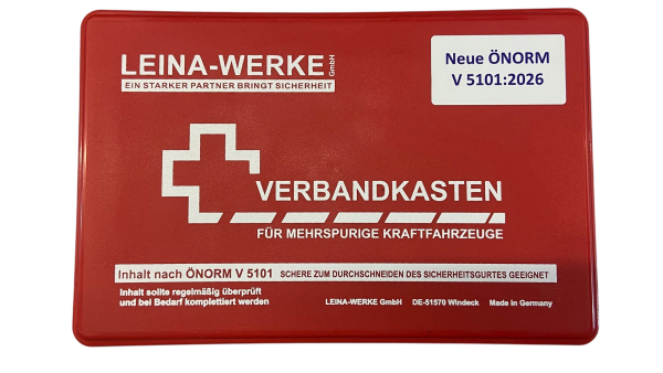 Neue ÖNORM - Autoverbandkassette rot gemäß ÖNORM V 5101:2026
